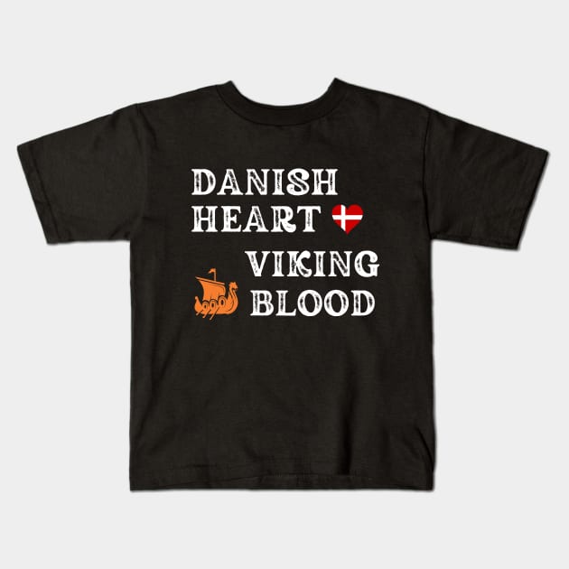 Danish Heart Viking Blood. White text. Gift ideas for historical enthusiasts. Kids T-Shirt by Papilio Art